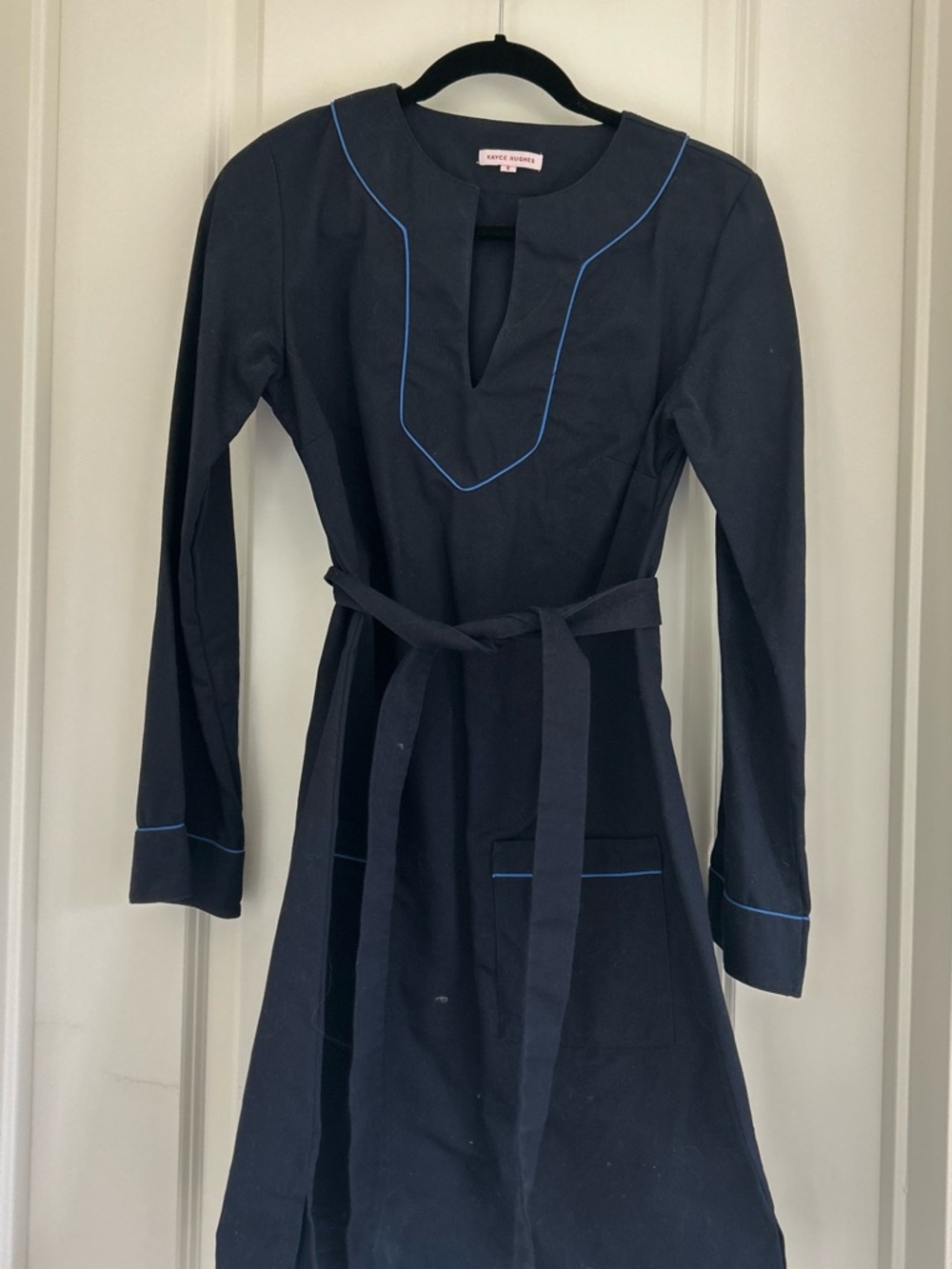 Kayce Hughes Navy Long-Sleeve Belted Dress with Blue Trim